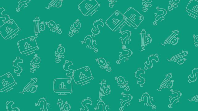 Green financial pattern with dollar signs, question marks, computer icons. Suitable for financial presentations, websites, marketing materials, and business graphics.