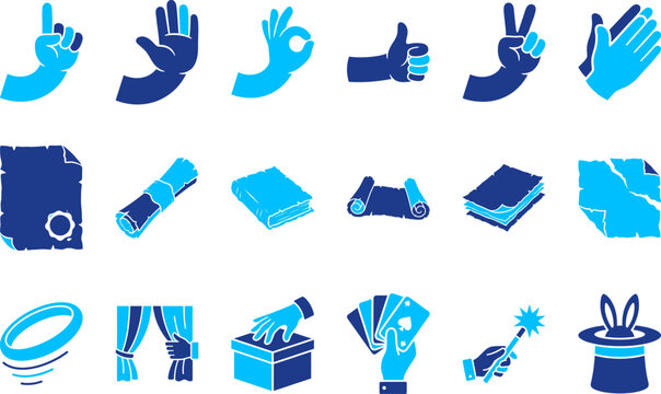 Set of hand gesture icons for communication, approval, and magic shows.