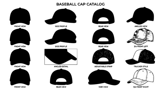 Caps Front Back and Side View Vector Illustration Set for Fashion and Sports Design