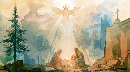 Obraz premium Mary and Joseph kneel beside baby Jesus in a humble spot. A bright light shines down from above, signifying hope at the time of his birth in Bethlehem