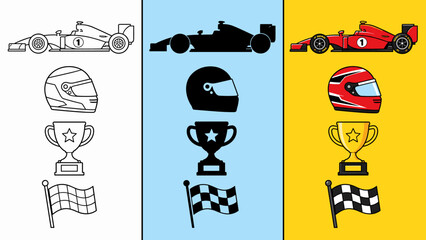Naklejka premium Formula 1 racing icons: car, helmet, trophy, and checkered flag