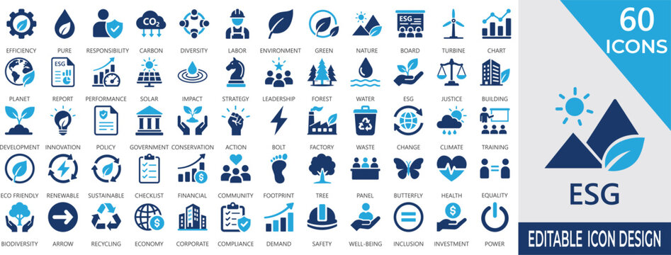 ESG solid icon set with sustainability metrics, impact, social, renewable, equity, governance, green, climate, and responsible business symbols.