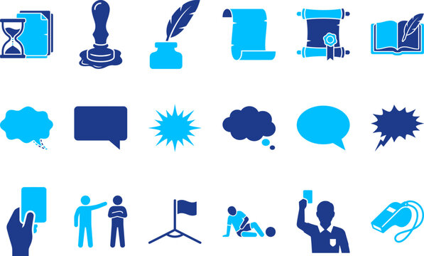 Collection of historical and legal document icons including scroll quill and hourglass on white.