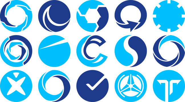 Abstract circular logos and symbols in blue and dark blue shades for modern branding and technology.