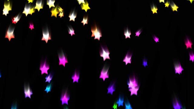 Falling neon multicolored glowing stars on a black background. Colorful star rain with neon glow.