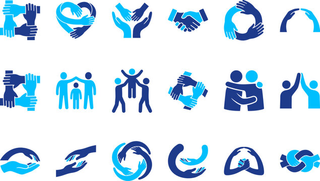 Set of diverse hand gestures and figures representing unity, support, and teamwork.