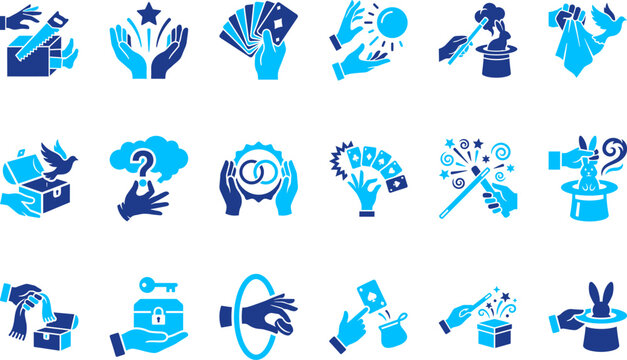 Magic hands making objects appear and disappear with hats, rabbits, and boxes.