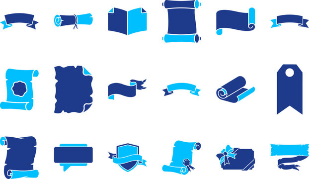 Scrolls and banners in blue and dark blue for messages and certifications.