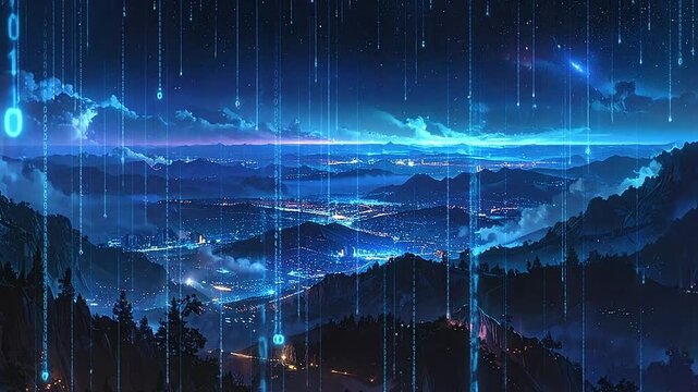 Glowing binary code streams over a dark mountain landscape at night