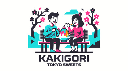 Naklejka premium Happy couple enjoying japanese shaved ice kakigori under sakura
