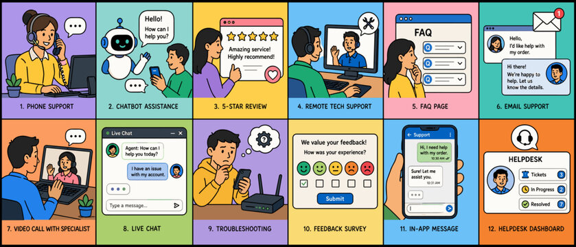 Customer support options illustrated: phone, chatbot, reviews, and more