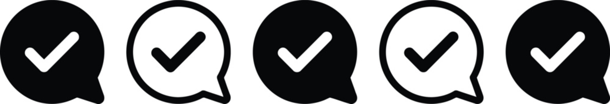 Set of five speech bubble icons with check marks for customer feedback and communication feedback communication verified dialogue approved business chatting confirmation