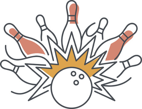 Bowling strike illustration featuring bowling ball knocking down pins with dynamic sports action vector design