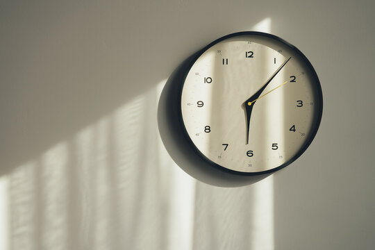A round wall clock with a minimalist beam of evening or morning light on a white textured wall.