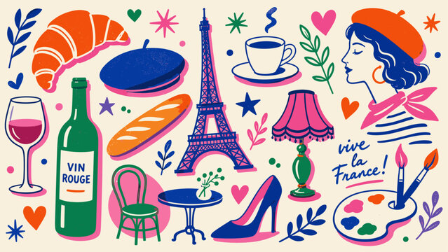 Vibrant Parisian collage featuring iconic French symbols and artistic elements