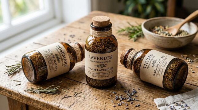 Apothecary glass jars with dried lavender and thyme on a rustic wooden table.
