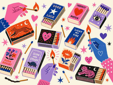 Whimsical matchboxes with positive affirmations and playful illustrations