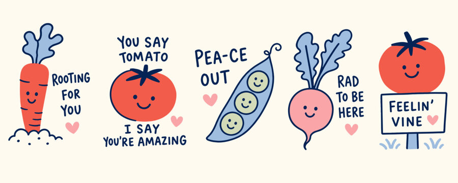 Cute vegetable characters with positive affirmations and puns for encouragement