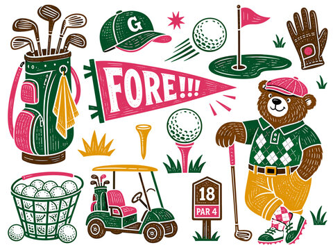 Whimsical cartoon golf elements with a bear and "FORE!!!" pennant