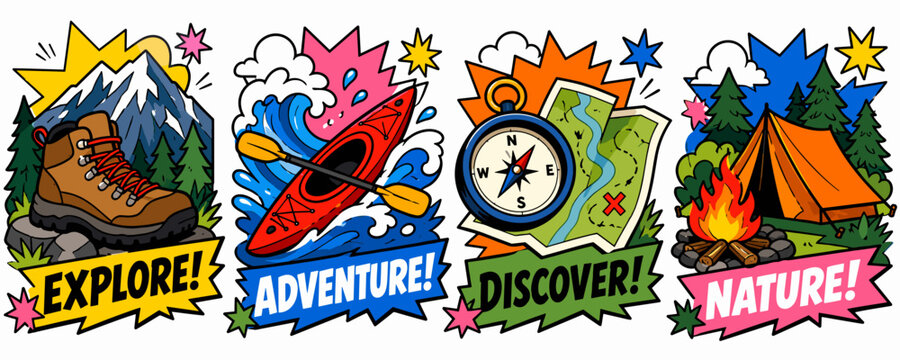 Outdoor adventure icons: hiking, kayaking, camping, and exploration