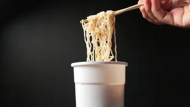 Instant Noodles Lifted with Chopsticks from Cup Ramen Asian Fast Food