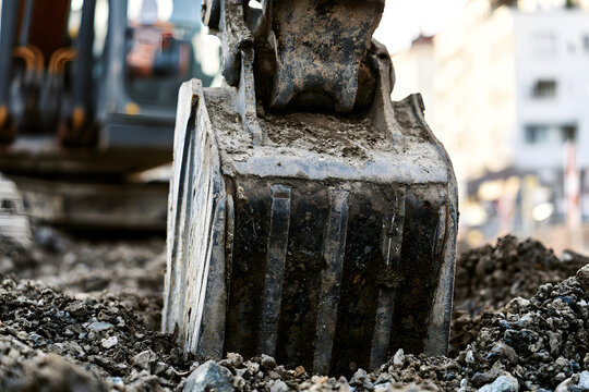 The bucket of the excavator is being used to dig into the construction site's soil