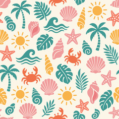 Fototapeta premium Tropical beach pattern with palm trees, shells, crabs, and sun