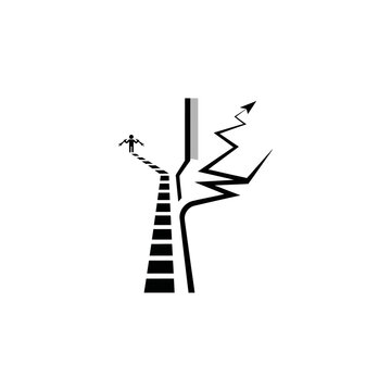 Man Figure Facing a Difficult and Broken Path with Sharp Obstacles and an Upward Arrow, Symbolizing Challenges and Risks Ahead, on an Isolated White Background.