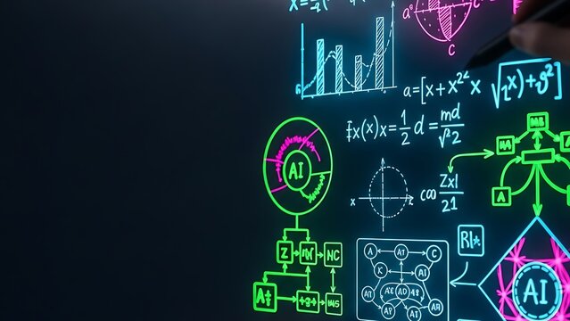 Glowing Math Formulas and AI Symbols on Dark Background