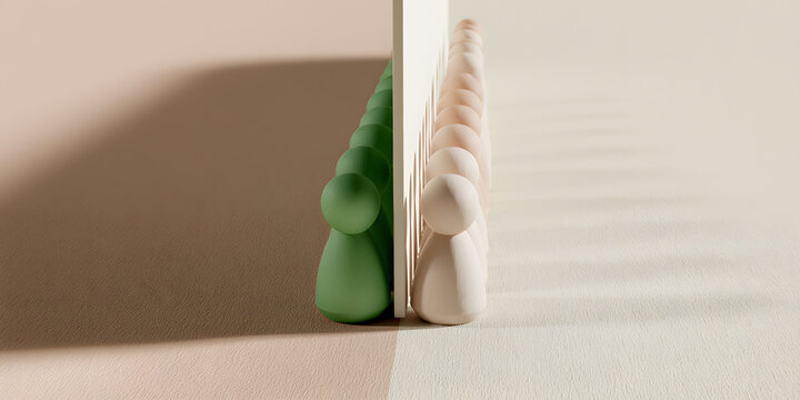 separate barrier between two differently colored 3D toy figures, social divide