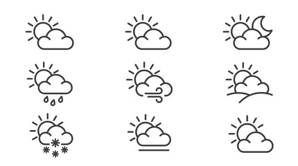 Fototapeta premium Weather icons set illustrating sun cloud rain snow wind and moon for design