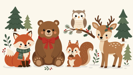 Naklejka premium Cute forest animals and evergreen trees in a charming winter woodland scene