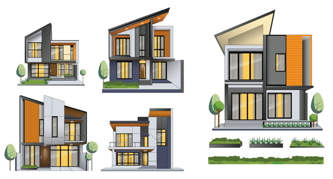 Handmade Modern Minimalist House Illustration Set with Realistic Residential Architecture  created manually without AI generation. 