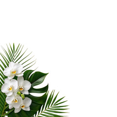 Tropical floral corner border with white orchid flowers and palm leaves © Anna