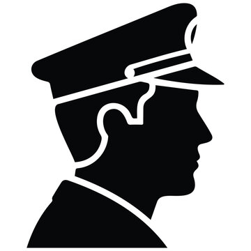 Professional pilot in uniform profile vector illustration as clean solid black silhouette.