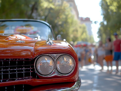 Close-up of a shiny red vintage car with chrome details, parked on a sunny street during a lively parade event