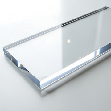 Clear transparent acrylic glass block on a white reflective surface with soft lighting and subtle reflections