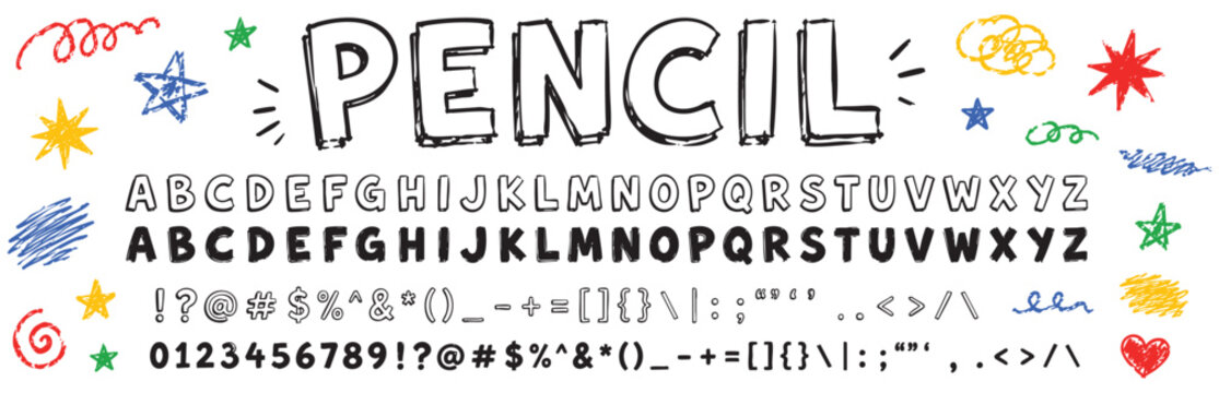 Hand drawn pencil font, alphabet letters, numbers and symbols, doodle style vector typography isolated on white background