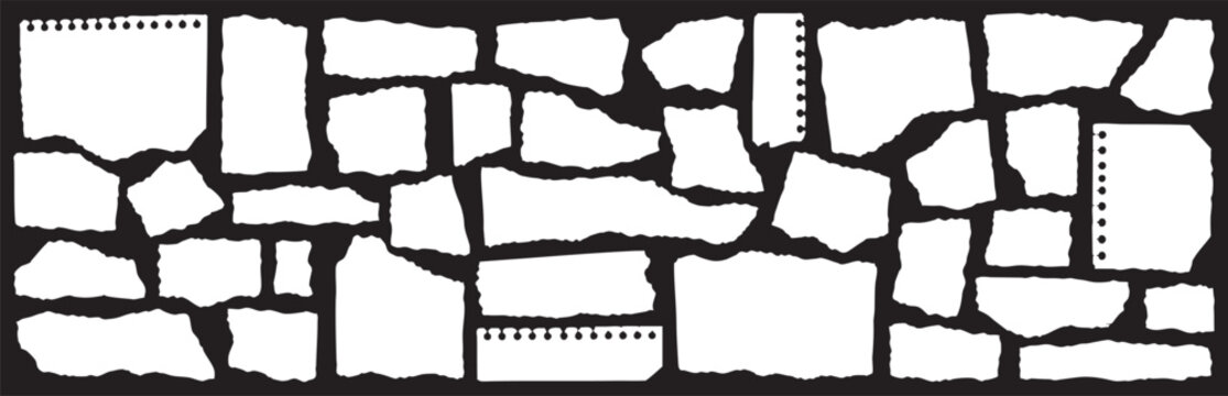 Set of various torn paper pieces, ripped note paper scraps with rough edges, vector illustration isolated on black background