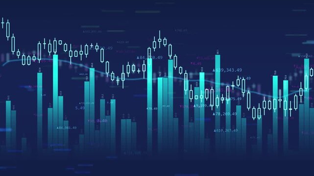 Seamlessly looped abstract stock market animation, candlestick chart with changing trends, financial metrics and analytics. Perfect visual for forex trading reports and economic news 