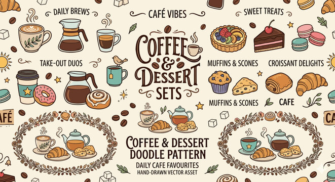 Charming hand-drawn coffee and dessert set collection for cafe lovers