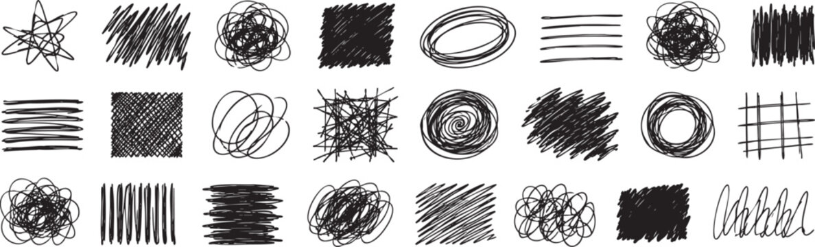 Set of hand drawn scribble shapes isolated on white background
