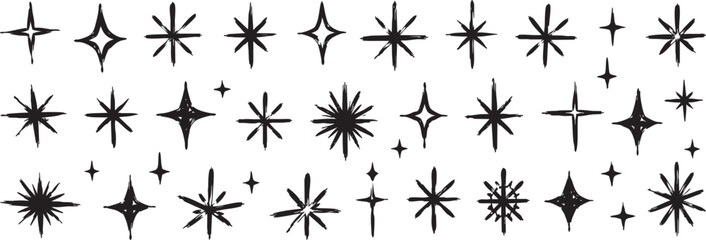 Set of hand drawn star icons, sparkle and twinkle elements isolated on white background © Zbrake Studio