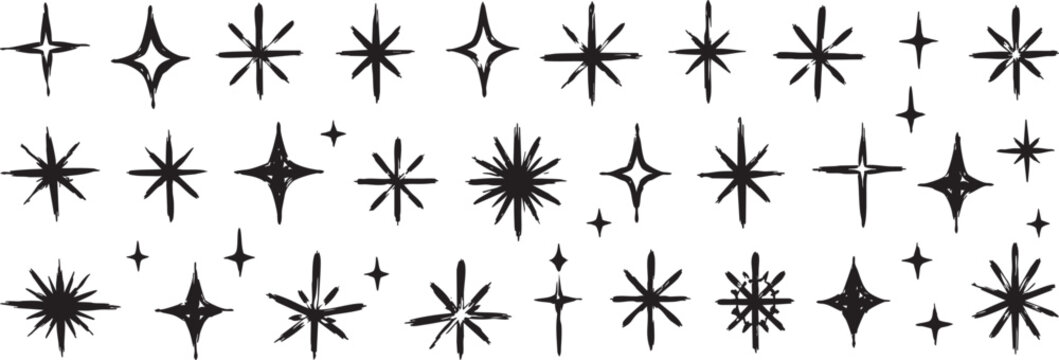 Set of hand drawn star icons, sparkle and twinkle elements isolated on white background