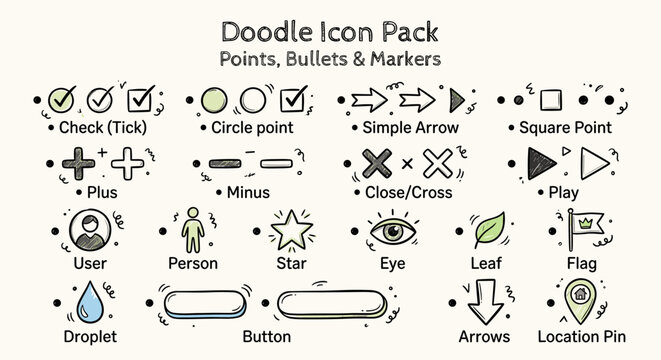 Hand-drawn doodle icons pack for points, bullets, and markers in a notebook style