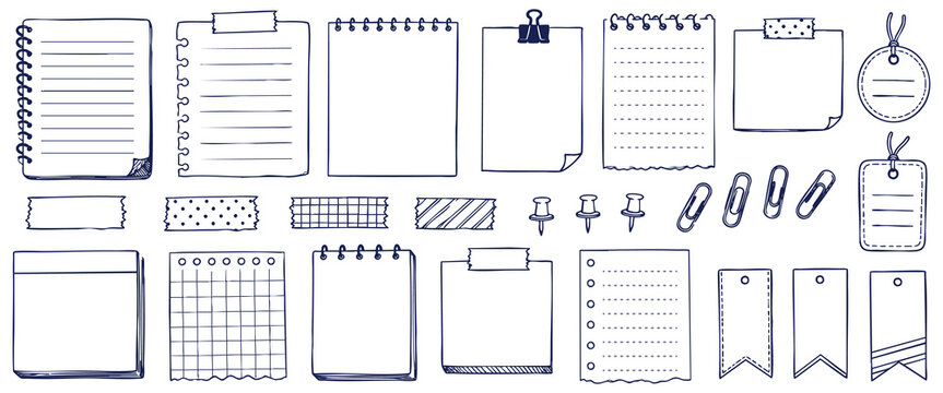 Hand drawn doodle stationery set, including notebooks, sticky notes, paper tags, washi tape, and paper clips, isolated on white background