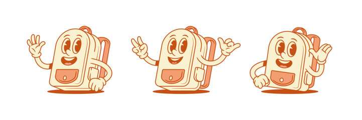 Smiling schoolbag back to school cartoon character set isometric vector illustration. Happy cheerful backpack bag pupil education minimalist mascot hi hello welcome greeting peace rock gesture © provectors
