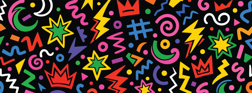 Abstract shapes, colorful geometric elements, crowns, stars, lightning bolts, and squiggles on a black background.