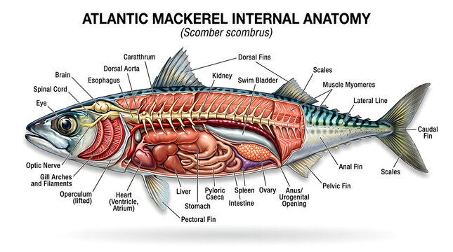 The internal anatomy of an Atlantic mackerel fish is dissected and labeled.