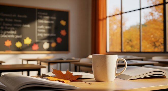 Cozy autumn classroom scene with a mug and open book near a bright window